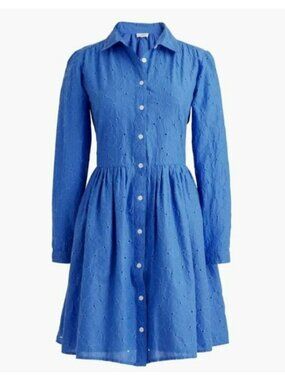 J.Crew Midi Dress Embroidered Floral 100% Cotton Button-Front Size 4 Blue